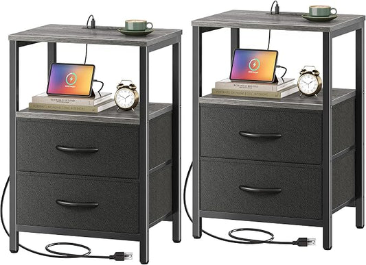 Huuger Nightstands Set of 2, End Tables with Charging Station, Side Tables with Fabric Drawers, Bedside Tables with USB Ports and Outlets, Night Stands for Bedroom, Charcoal Gray