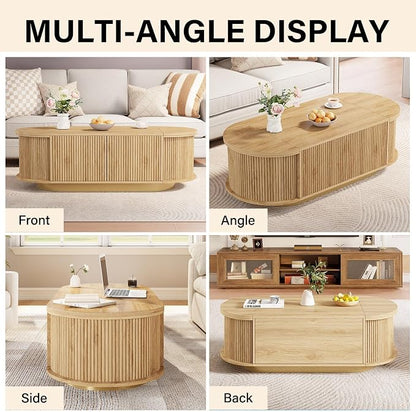 HSH 47" Oval Coffee Table with Storage, Oak Coffee Table for Living Room | Modern Center Table with Press Type Door, Fluted Living Room Tables with 2 Flip-Top Hidden Lids, Wood Table