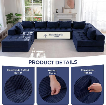 MAXYOYO Modular Sectional Sofa Couch, Foldable Oversized U Shaped Cloud Couch with Pillows, Tufted Boneless Lounger Floor Sofa Bed for Living Room, No Assembly Required, Navy