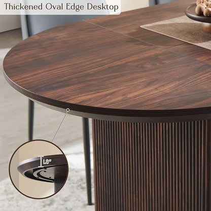 T4TREAM 63" Fluted Oval Dining Table for 4-6, Mid-Century Modern Kitchen Table with Thickened Edge & Strip Pedestal Base, Wood Luxury Table for Dining Room/Kitchen/Home Office, Walnut (Table Only)