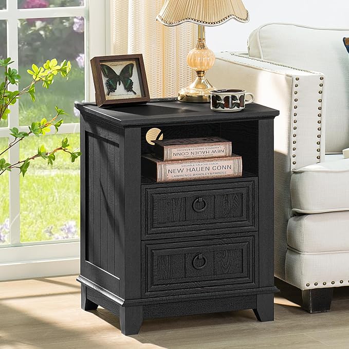 Joaxswe 18" Night Stands Set of 2 with Charging Station, Farmhouse 2 Drawers End Table Dresser for Bedroom, Black Wooden Nightstand, Bed Side Table with Open Shelf, Bedside Cabinet for Living Room