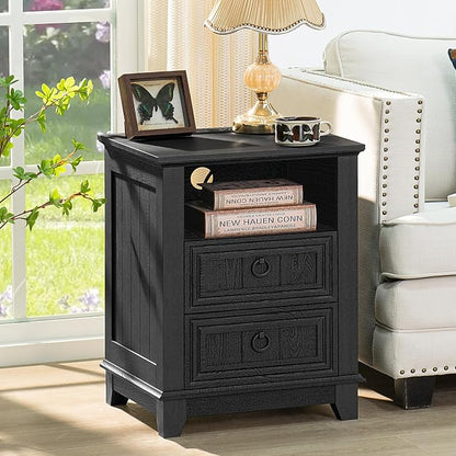 Joaxswe 18" Night Stands Set of 2 with Charging Station, Farmhouse 2 Drawers End Table Dresser for Bedroom, Black Wooden Nightstand, Bed Side Table with Open Shelf, Bedside Cabinet for Living Room