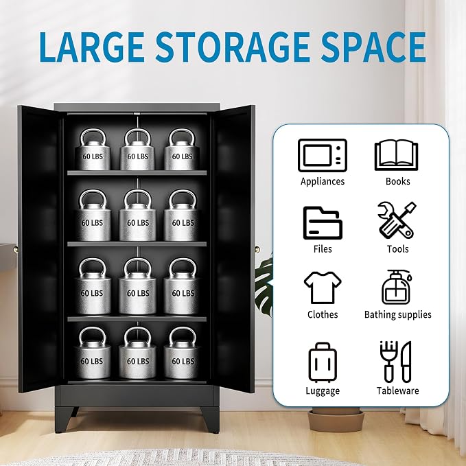 48" H Black Steel Pantry Storage Cabinet with 3 Adjustable Shelves | 4-Tier Tall Metal Cabinets for Kitchen, Living Room, Garage, Heavy Duty Freestanding Utility Cabinet, Assembly Required