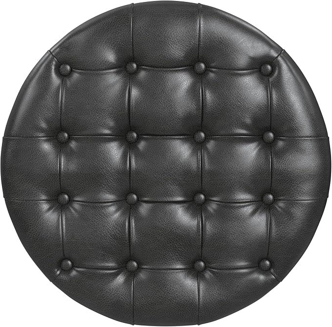HomePop 25" Button Tufted Round Storage Ottoman - Black Faux Leather
