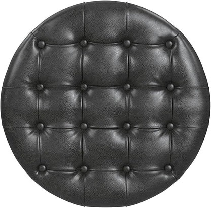 HomePop 25" Button Tufted Round Storage Ottoman - Black Faux Leather