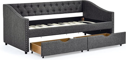 KEIKI Twin Size Upholstery Daybed with 2 Drawers and Headboard, Mid-Century Style Tufted Sofa Bed with Button on Back, Easy Assembly, No Box Spring Required, for Living Room and Bedroom, Dark Grey