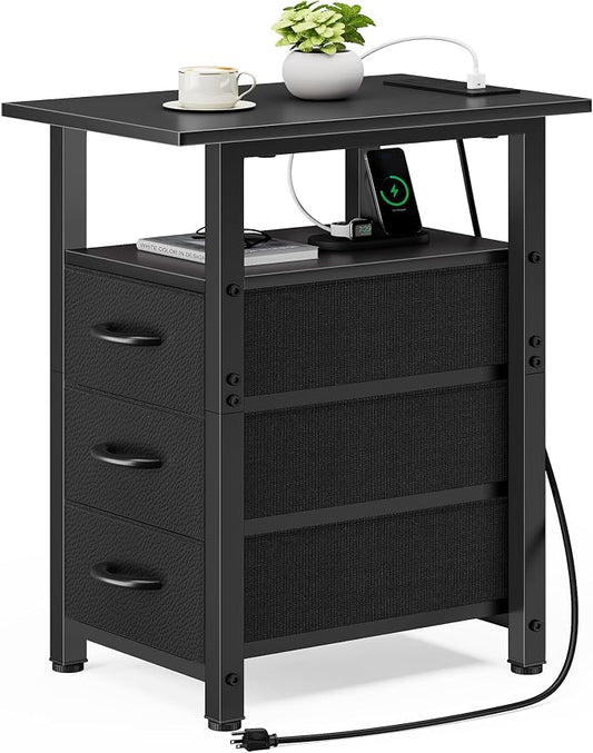 Vagusicc Black End Table with Charging Station, Narrow Side Table, 25.2'' Tall Narrow Nightstand with 3 Fabric Drawers, Slim Sofa Side Table for Small Spaces, Small Night Stand for Bedroom, Black