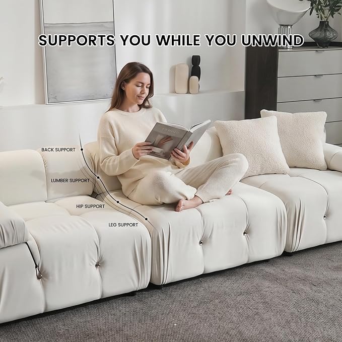 Convertible Modular Sectional Sofa, Modern Velvet Sofa 3-Seater Couch for Living Room, Apartment (104 in/Beige)
