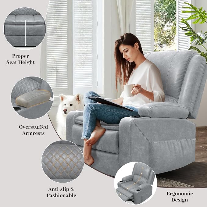 Yolsali Recliner Chairs for Adults, Oversize Manual Reclining Chair with 2-Tier Cushions, PU Leather Recliner Chair with Hidden Storage Space, Living Room Recliner Chairs with Cup Holders - PU Grey