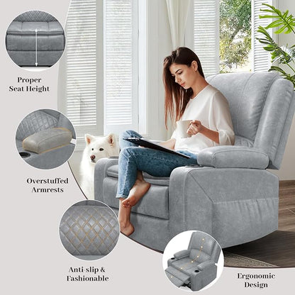 Yolsali Recliner Chairs for Adults, Oversize Manual Reclining Chair with 2-Tier Cushions, PU Leather Recliner Chair with Hidden Storage Space, Living Room Recliner Chairs with Cup Holders - PU Grey