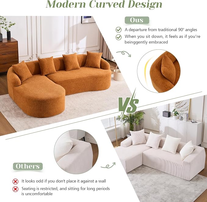 99" Curved Sofa with L-Shape Chaise,Modern Cloud Curved Couch with Deep Seat,No Assembly Required,Upholstered Oversized Couches for Living Room,Apartment (Orange, 99Inch)