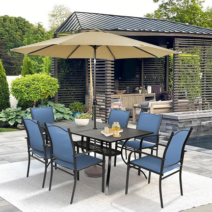 SUNCROWN 8 - Piece Outdoor Dining Set, Patio Furniture Set with 6 Textilene Dinning Chairs, 1 Rectangle Metal Table and 1 Brown 9Ft Patio Umbrella for Lawn Garden Backyard Deck, Blue