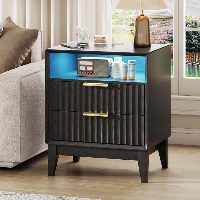 LVSOMT 20“ W Fluted LED Nightstand with Charging Station, RFID Lock, Black | Bedside Table with Hidden Drawer, 2 Drawers, Open Cubby, Motion Sensor, USB and Type-C Ports, Night Stand for Bedroom