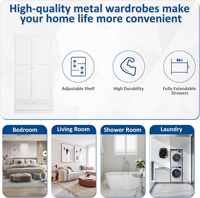 BYNSOE Metal Armoire Wardrobe Closet with 2 Doors 72'' Wardrobe Cabinet with Drawers and Hanging Rail Metal Closet with Adjustable Shelves for Bedroom. (White, with 1drawer)