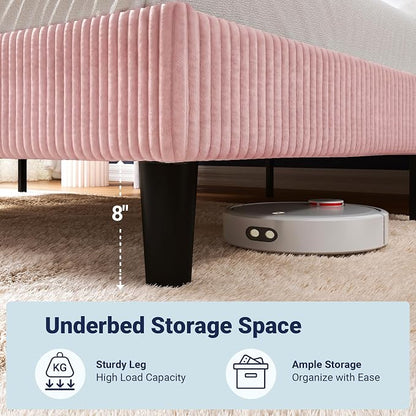 Allewie Queen Size Bed Frame with Upholstered Wingback Headboard, Vertical Channel Tufted Corduroy Velvet Platform Bed, Strong Wooden Slats Support, No Box Spring Needed, Easy Assembly, Light Pink