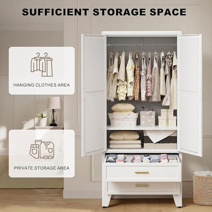 71" H White Armoire Wardrobe Closet with Drawers,Metal Wardrobe Closet with Doors and Shelves,Tall Wardrobe Closet for Bedroom