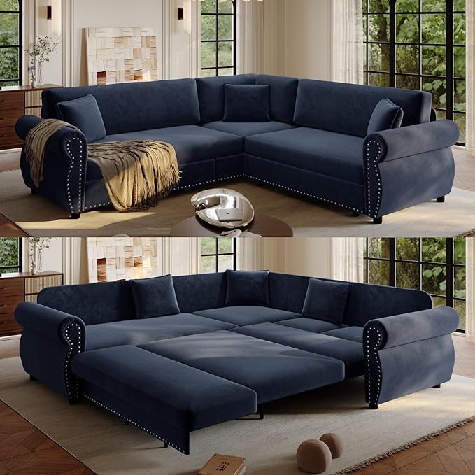 88.2" Sectional Sleeper Sofa with Pull Out Bed - Oversize L-Shaped Convertible Sleeper Couch Bed, Button Tufted Chesterfield Sofa, Chenille Vintage Couches for Living Room/Apartment(4-Seater, Blue)
