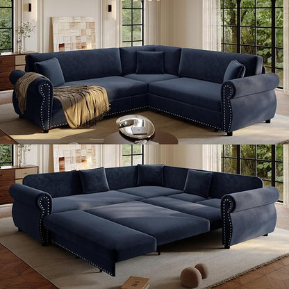 88.2" Sectional Sleeper Sofa with Pull Out Bed - Oversize L-Shaped Convertible Sleeper Couch Bed, Button Tufted Chesterfield Sofa, Chenille Vintage Couches for Living Room/Apartment(4-Seater, Blue)