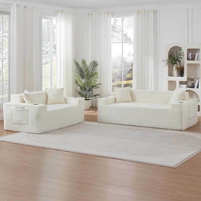 2 Pcs Living Room Cloud Sofa Set, Boneless Sofa Couches with Cup Holder for Compact Living Rooms, Apartments (Beige White, Loveseat and 3 Seat Sofa)