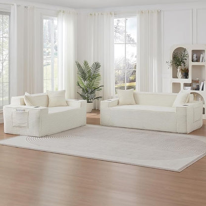 2 Pcs Living Room Cloud Sofa Set, Boneless Sofa Couches with Cup Holder for Compact Living Rooms, Apartments (Beige White, Loveseat and 3 Seat Sofa)