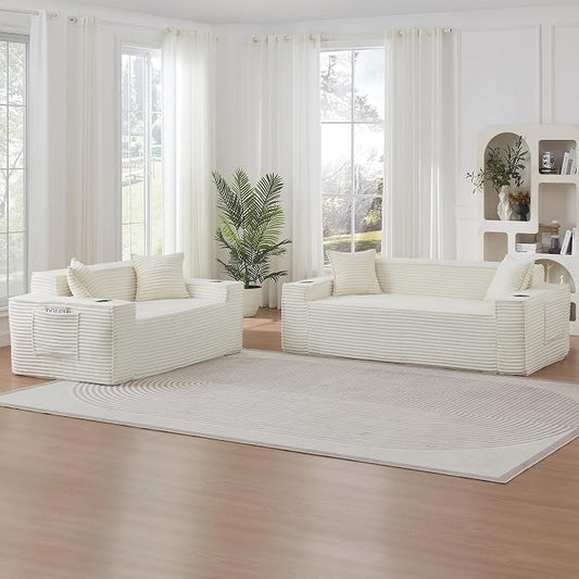 2 Pcs Living Room Cloud Sofa Set, Boneless Sofa Couches with Cup Holder for Compact Living Rooms, Apartments (Beige White, Loveseat and 3 Seat Sofa)
