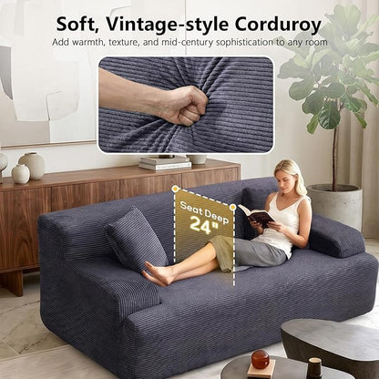 VINGLI 72" W Boneless Loveseat Sofa, Cloud Corduroy Couch in a Box, Compressed Deep Seat Sofa with 10.6" Wide Curved Armrests, Easy Assembly Required for Living Room, Apartments & Office, Dark Grey