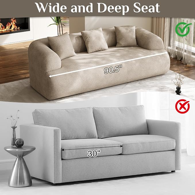 Oversized Sectional Sofa for Living Room, Modern Luxury Plush Chenille 3-Seater Extra Deep & Wide Seat Curved Cloud Couch with 3 Throw Pillows, No Assembly Needed, Light Brown（91 inch）