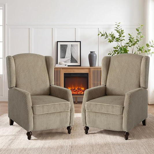 Upholstered Wingback Recliner Chair, Cozy Corduroy Manual Push Back Recliner for Living Room, Bedroom (2, Khaki)