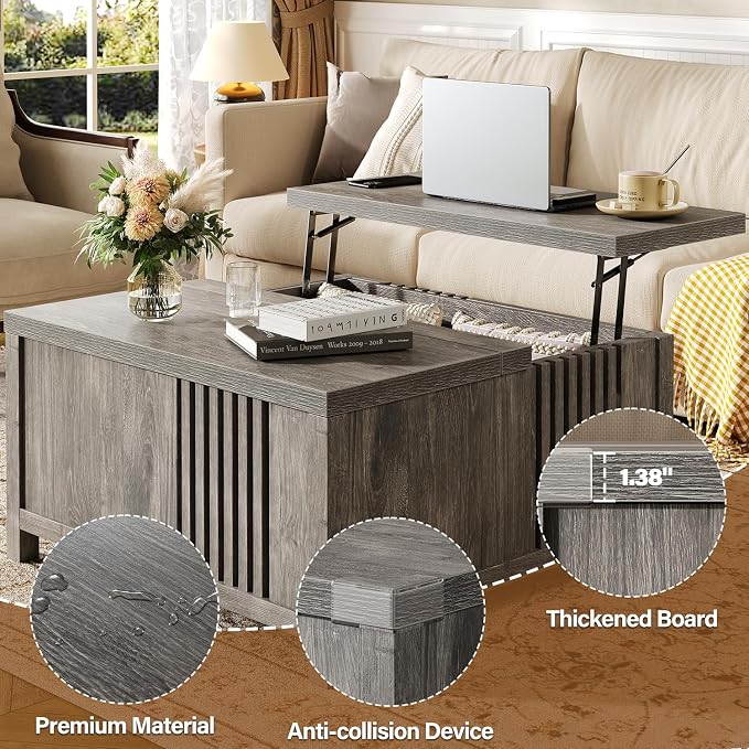 knoworld Farmhouse Lift Top Coffee Table with Storage, 35" Square Large Coffee Table with Hidden Compartment, Rustic Wood Center Table for Living Room, Grey Oak