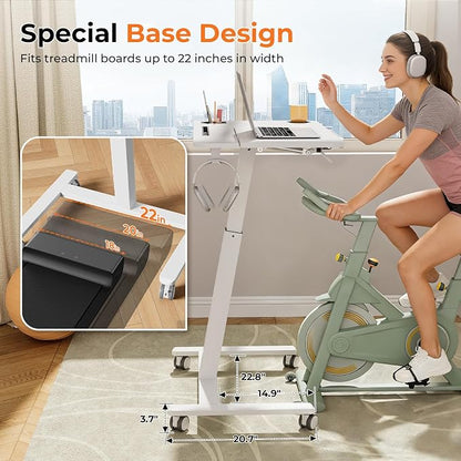 JOY worker Mobile Standing Desk for Treadmill, 31.5" Small Pneumatic Height Adjustable Walking Pad Desk, 40° Foldable Rolling Bike Trainer Stand Table on Wheels with Cup Holder & Towel Rack, White