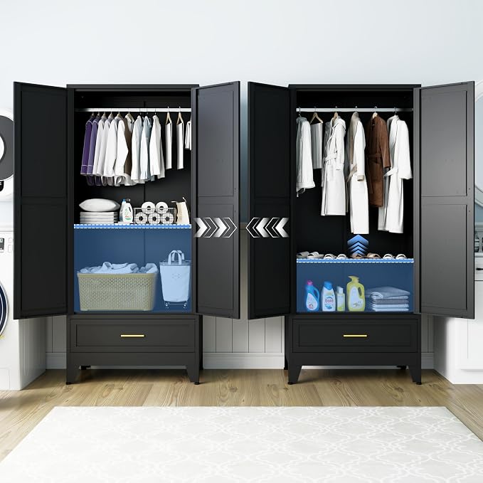 71" H Armoire Wardrobe Closet with 1 Drawer, Metal Wardrobe Closet with Doors and Adjustable Shelves, Wardrobes Cabinet with Hanging Rod, Closets for Bedroom, Laundry Room, Black