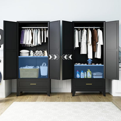 71" H Armoire Wardrobe Closet with 1 Drawer, Metal Wardrobe Closet with Doors and Adjustable Shelves, Wardrobes Cabinet with Hanging Rod, Closets for Bedroom, Laundry Room, Black