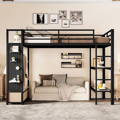 Bellemave Full Size loft Bed with Wardrobe and Storage Shelves and Pegboard Drawers, Metal Full Loft Bed Frame for Adults, Kids, Teens, Black