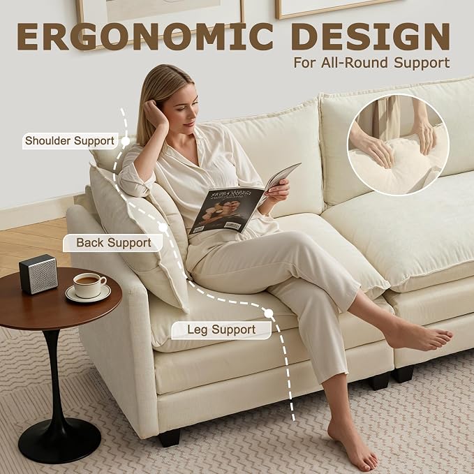 113” Modular Sectional Sofa, L Shaped Cloud Couches for Living Room, Beige | Comfy Chenille, Deep Seat, Bedroom, Apartment, Throw Pillow, Removable Washable Cover, Movable Ottoman, Easy Assembly, Modern