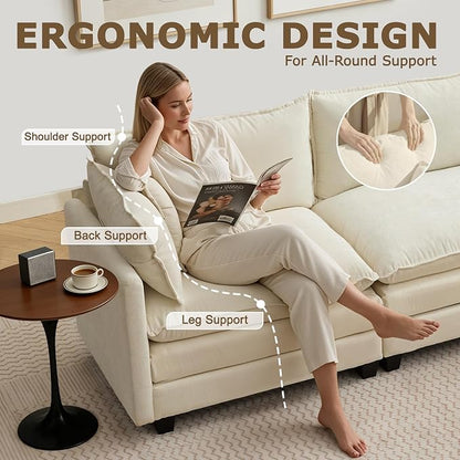 113” Modular Sectional Sofa, L Shaped Cloud Couches for Living Room, Beige | Comfy Chenille, Deep Seat, Bedroom, Apartment, Throw Pillow, Removable Washable Cover, Movable Ottoman, Easy Assembly, Modern