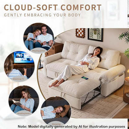 77.2'' Pull Out Couch Full Size, Pre-Assembled Sleeper Sofa Bed, Flannel Convertible Futon Sofa Bed with Adjustable Backrest, USB, Side Pocket, Loveseat for Living Room, Apartment, Beige