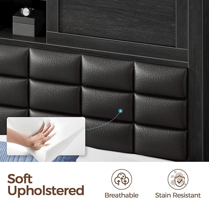 Rolanstar Bed Frame Twin Size with Charging Station, Bookcase Headboard Bed with LED Light and Sliding Doors, Platform Bed with Wooden Slats, No Box Spring Needed, Noise Free, Black