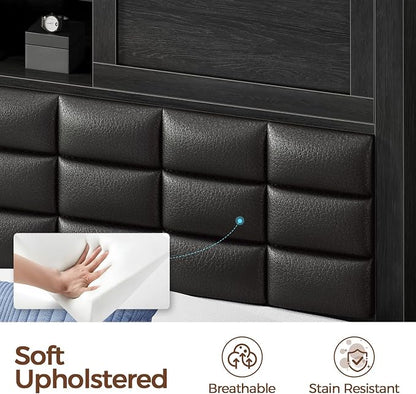 Rolanstar Bed Frame Twin Size with Charging Station, Bookcase Headboard Bed with LED Light and Sliding Doors, Platform Bed with Wooden Slats, No Box Spring Needed, Noise Free, Black