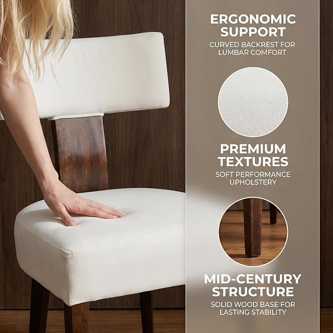 Mid Century Modern Dining Chairs, Farmhouse Velvet Upholstered Accent Chair Curved Backrest Kitchen Chairs Set of 2, with Hardwood Frame, Cream, Velvet-beige