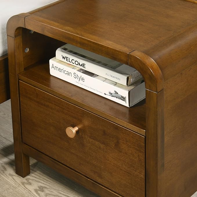 Roundhill Furniture Eldren Wood Bedroom Set, King Platform Bed with Two Nightstands in Walnut Finish