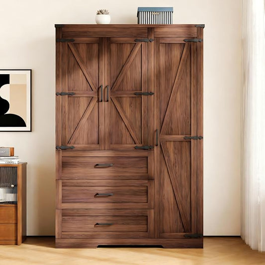 Farmhouse Wooden Armoire Storage Cabinet with Adjustable Shelves & Hanging Rod, 3 Doors Wardrobe Armoire Closet with Drawers, 70" Freestanding Clothing Storage Cabinet for Bedroom, Brown