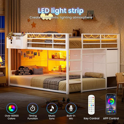 Full Over Twin Bunk Bed with 6 Drawers, Metal Frame Bunk Bed with LED Lights, Convertible Storage Bunk Bed with Extra-High Guardrails & Non-Slip Ladder, 2-Way Installation,for Teens, White
