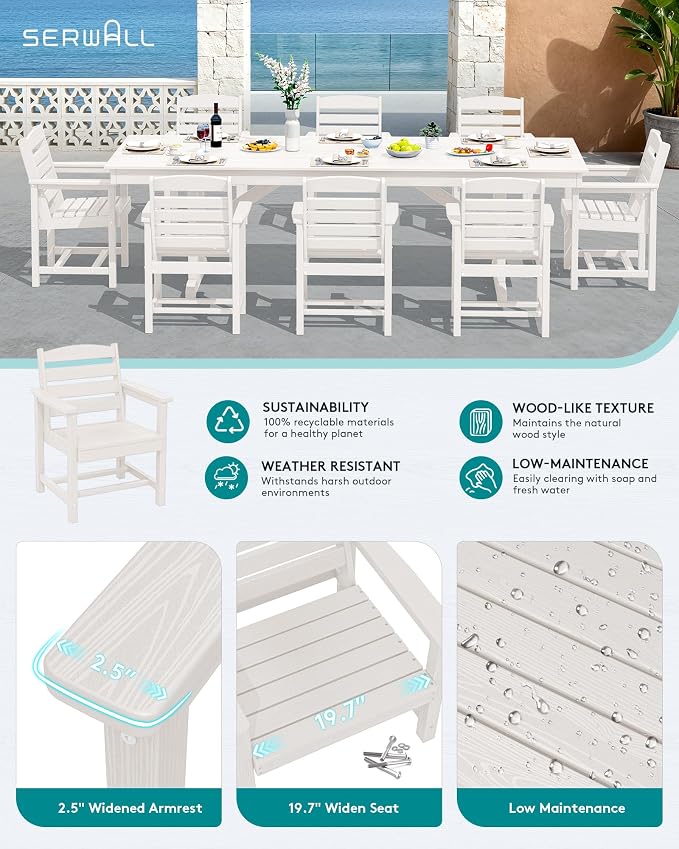 SERWALL 10 Piece 84" HDPE Outdoor Dining Set for 8 with 15ft Double-Sided Umbrella, White