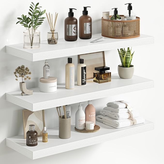 Fun Memories Floating Shelves for Wall 30 Inch Set of 3, Farmhouse Floating Shelves with Invisible Heavy Duty Bracket, 10 Inch Deep Bathroom Shelves for Storage, Living Room, Kitchen, Decor, White