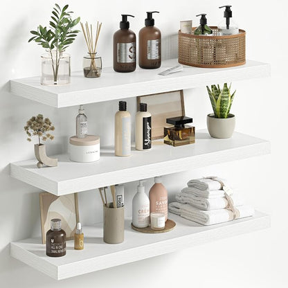 Fun Memories Floating Shelves for Wall 30 Inch Set of 3, Farmhouse Floating Shelves with Invisible Heavy Duty Bracket, 10 Inch Deep Bathroom Shelves for Storage, Living Room, Kitchen, Decor, White