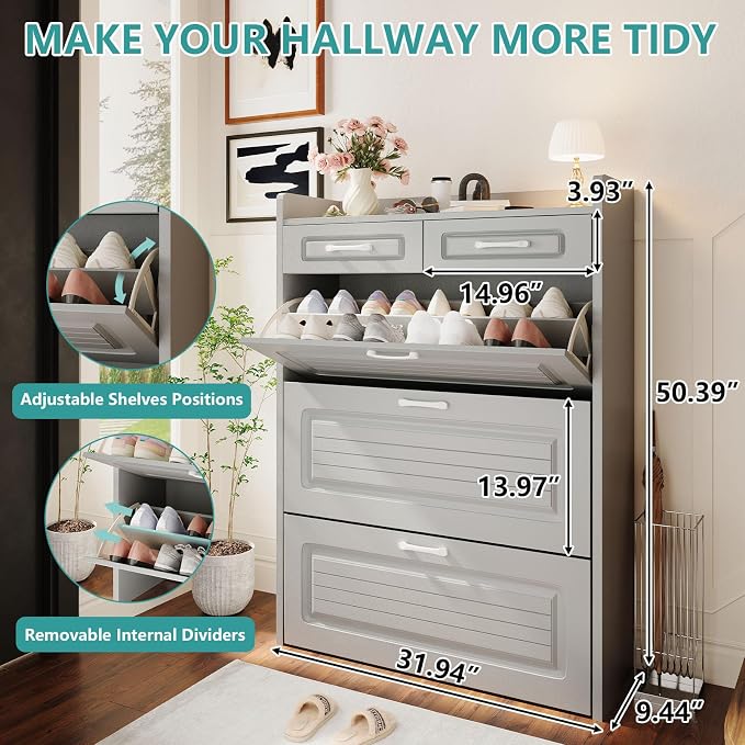 Shoe Cabinet with 3 Large Flip Drawers and 2 Storage Drawers, Narrow Shoe Organizer Cabinet Fits for Kinds of Shoes, Slim Shoe Storage Cabinet for Entryway, Hallway, Light Grey