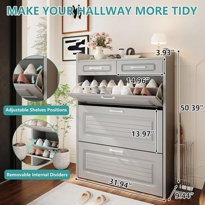 Shoe Cabinet with 3 Large Flip Drawers and 2 Storage Drawers, Narrow Shoe Organizer Cabinet Fits for Kinds of Shoes, Hidden Shoe Storage Cabinet for Entryway, Hallway, Light Grey
