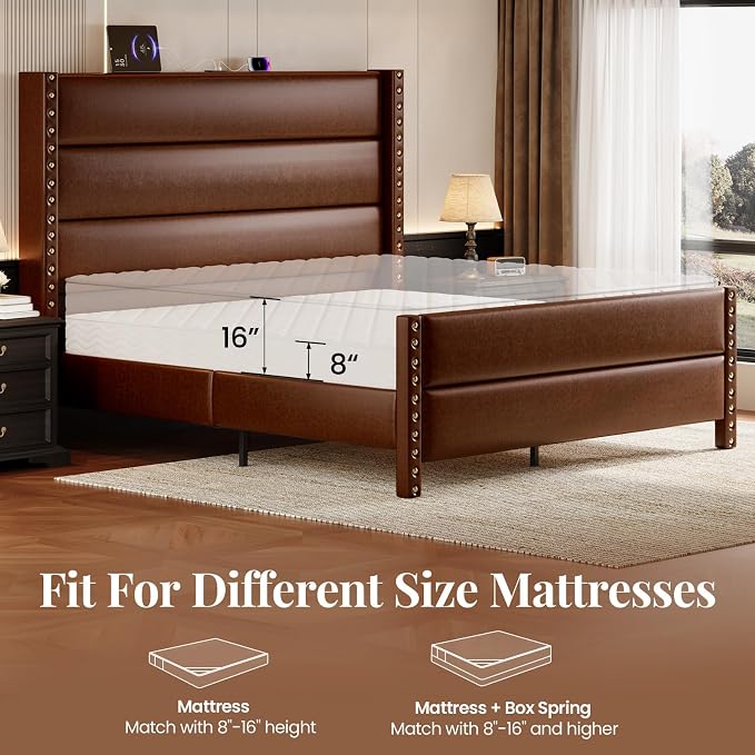 Queen Bed Frame with Storage Shelf & Charging Station, 55" Tall Headboard & 25.6" Footboard, Faux Leather Upholstered Platform Bed with Big Rivets Wingback, Heavy Duty & Noise-Free, Brown