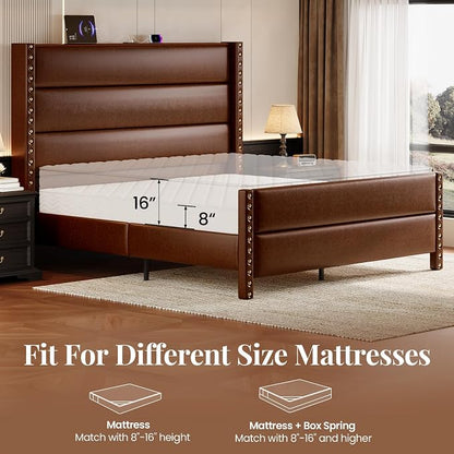 Queen Bed Frame with Storage Shelf & Charging Station, 55" Tall Headboard & 25.6" Footboard, Faux Leather Upholstered Platform Bed with Big Rivets Wingback, Heavy Duty & Noise-Free, Brown