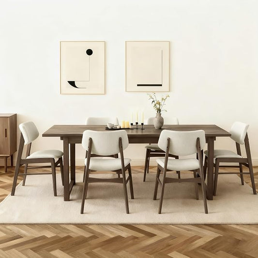 KISLOT Wooden Dining Chairs Set of 6, Upholstered Modern Dining Room Chairs, Solid Oak Wood Kitchen Chairs with Soft Cushion Backrest for Farmhouse, Restaurant, Café (Cream Fabric & Walnut Color)